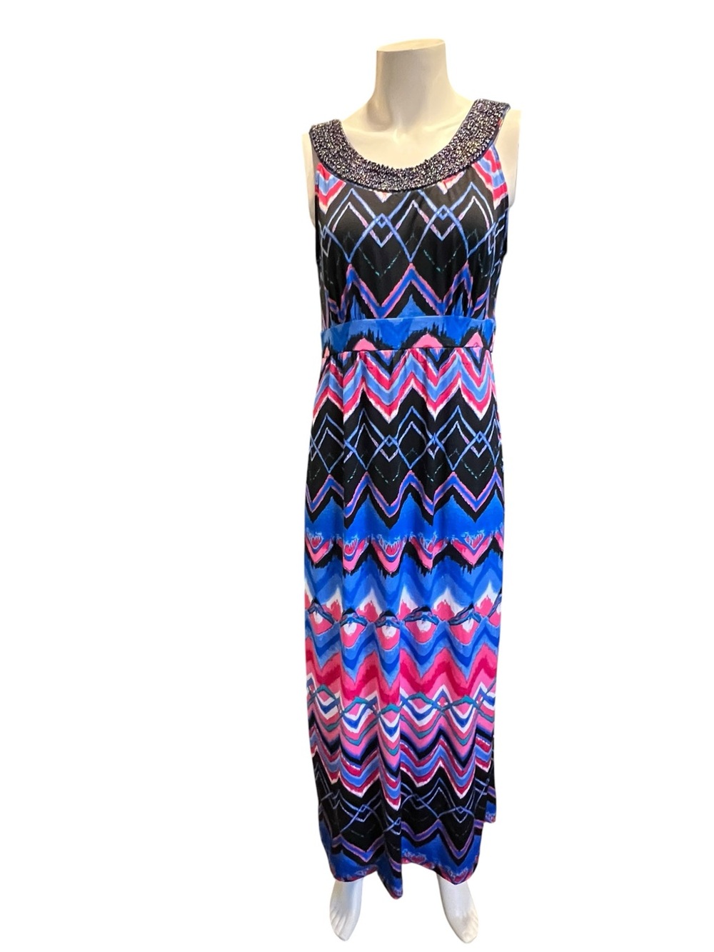 new directions Sleeveless Beaded Neck Chevron Maxi Dress - Blue Pink Black